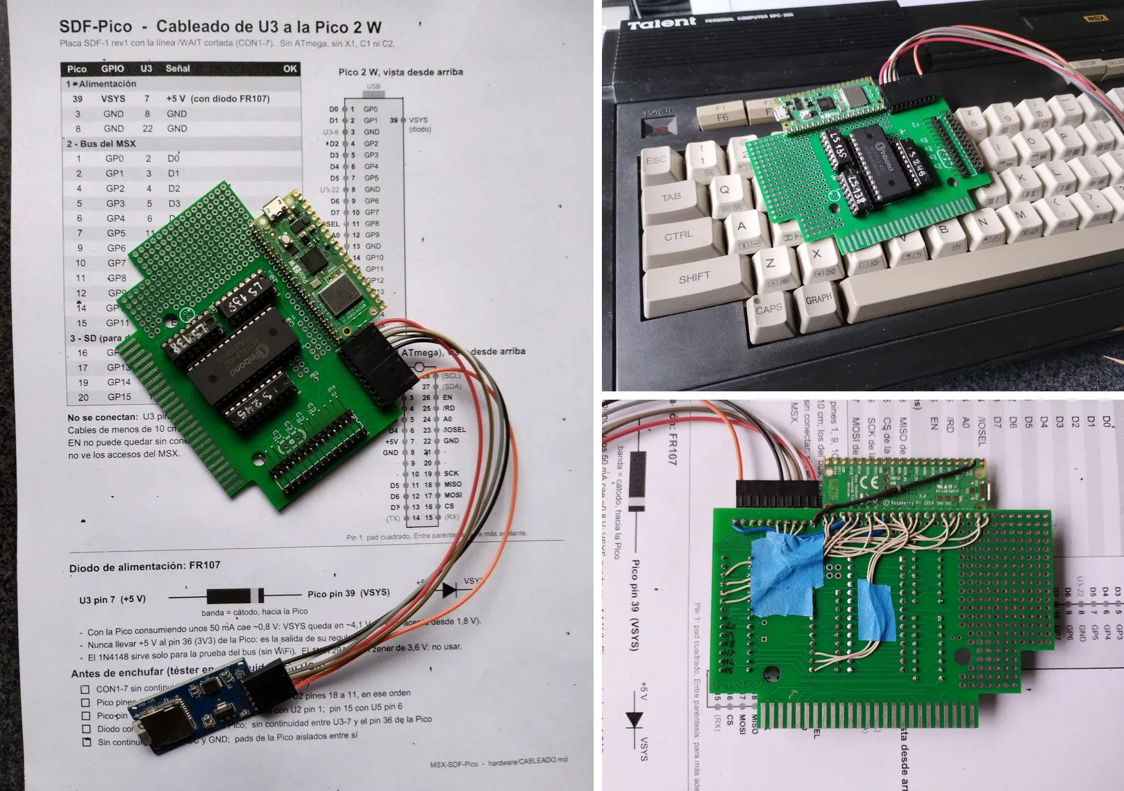 La placa del MSX-SDF-1 con una Raspberry Pi Pico 2 W: sobre la hoja de cableado con el módulo SD, sobre el teclado de una DPC-200 y del lado de las soldaduras